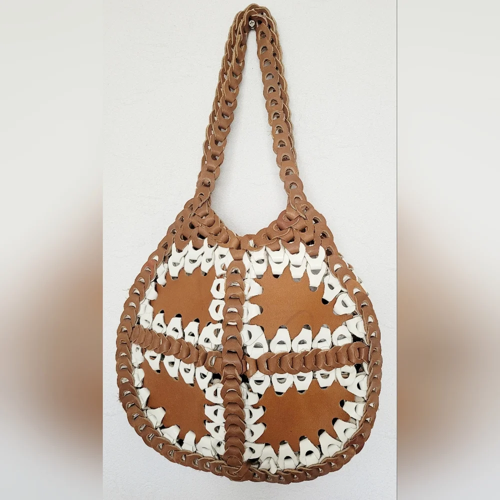 Genuine Braided Leather Boho Chic Hobo Bag Two-Tone Cognac/White